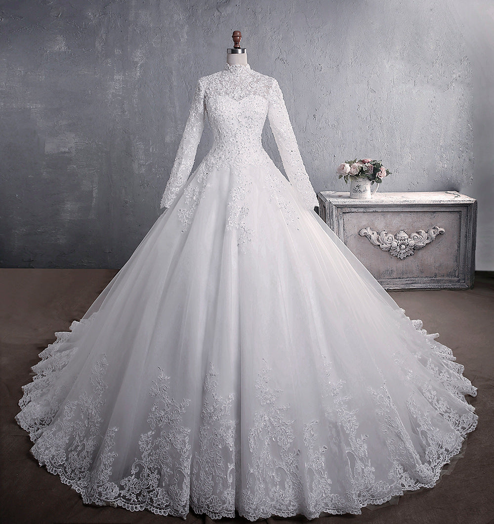 High Collar Sequined Lace Modest Long Sleeves Wedding Dresses with Buttons Back - promboutiqueonline