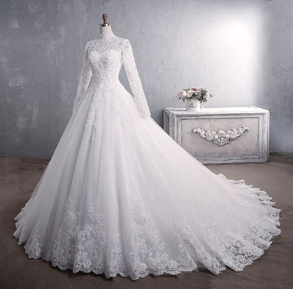 High Collar Sequined Lace Modest Long Sleeves Wedding Dresses with Buttons Back - promboutiqueonline