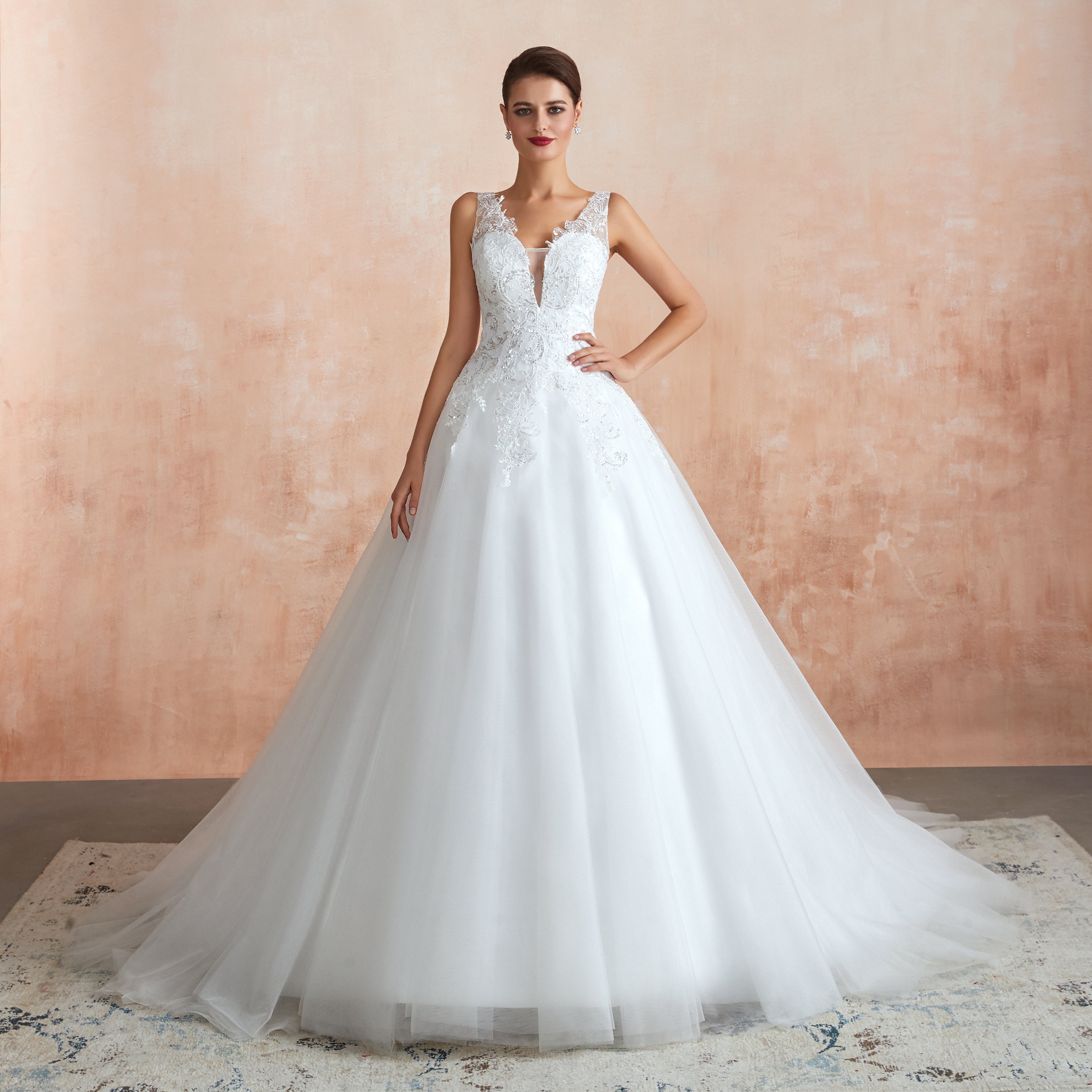 Sequin Embellishment Sheer Plunging V-neck Wedding Gowns with Train - promboutiqueonline