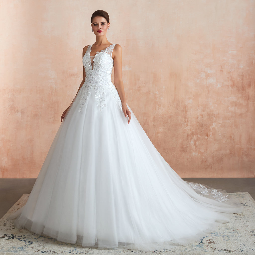 Sequin Embellishment Sheer Plunging V-neck Wedding Gowns with Train - promboutiqueonline
