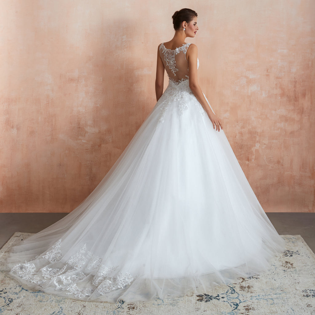 Sequin Embellishment Sheer Plunging V-neck Wedding Gowns with Train - promboutiqueonline