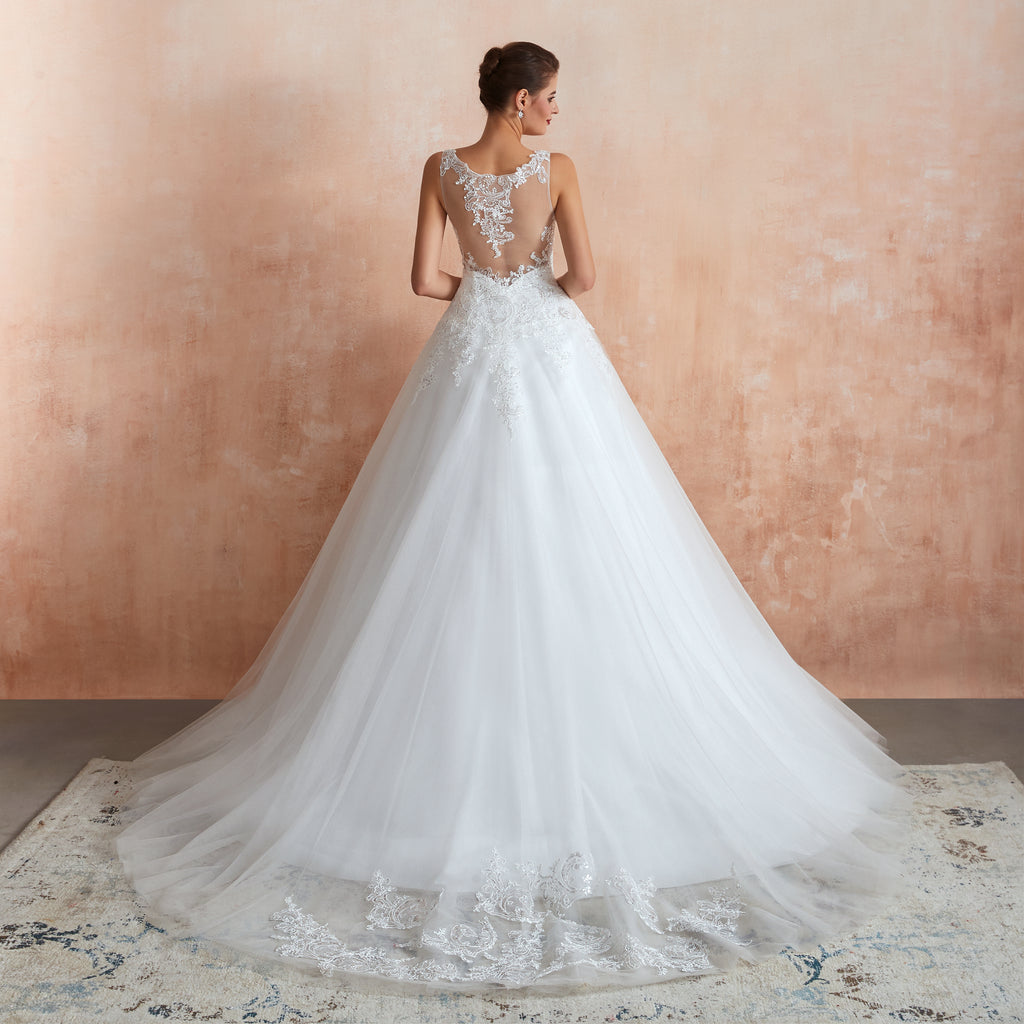 Sequin Embellishment Sheer Plunging V-neck Wedding Gowns with Train - promboutiqueonline