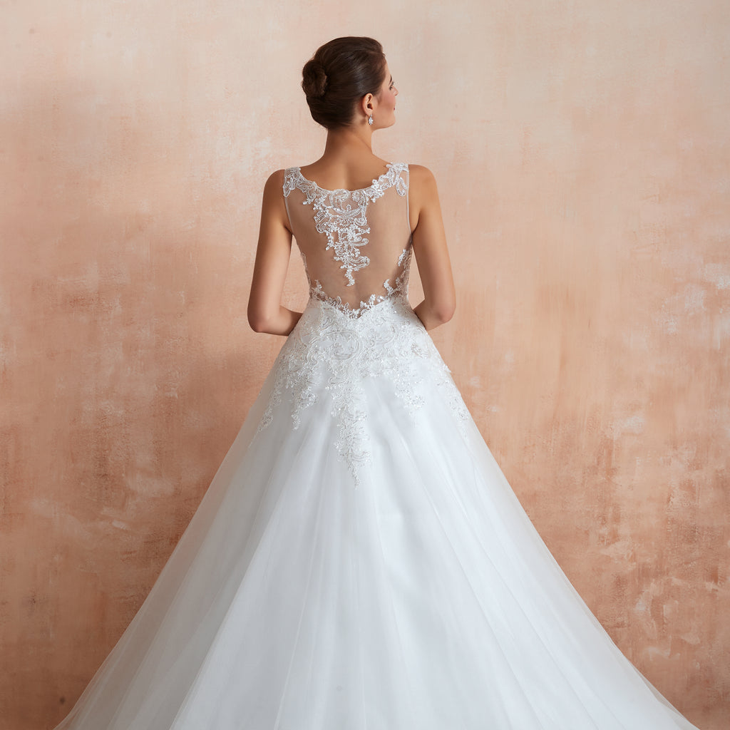 Sequin Embellishment Sheer Plunging V-neck Wedding Gowns with Train - promboutiqueonline