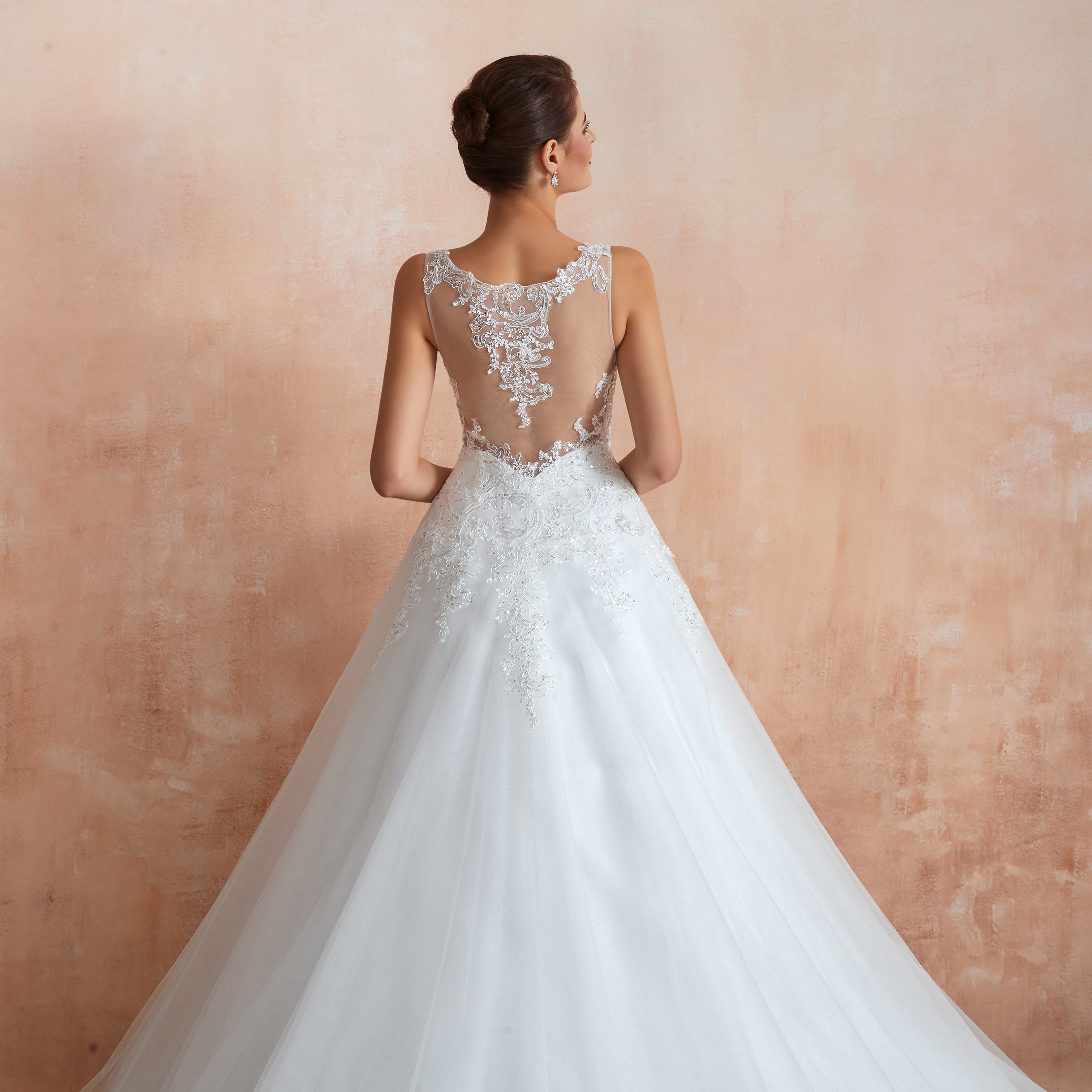 Sequin Embellishment Sheer Plunging V-neck Wedding Gowns with Train - promboutiqueonline