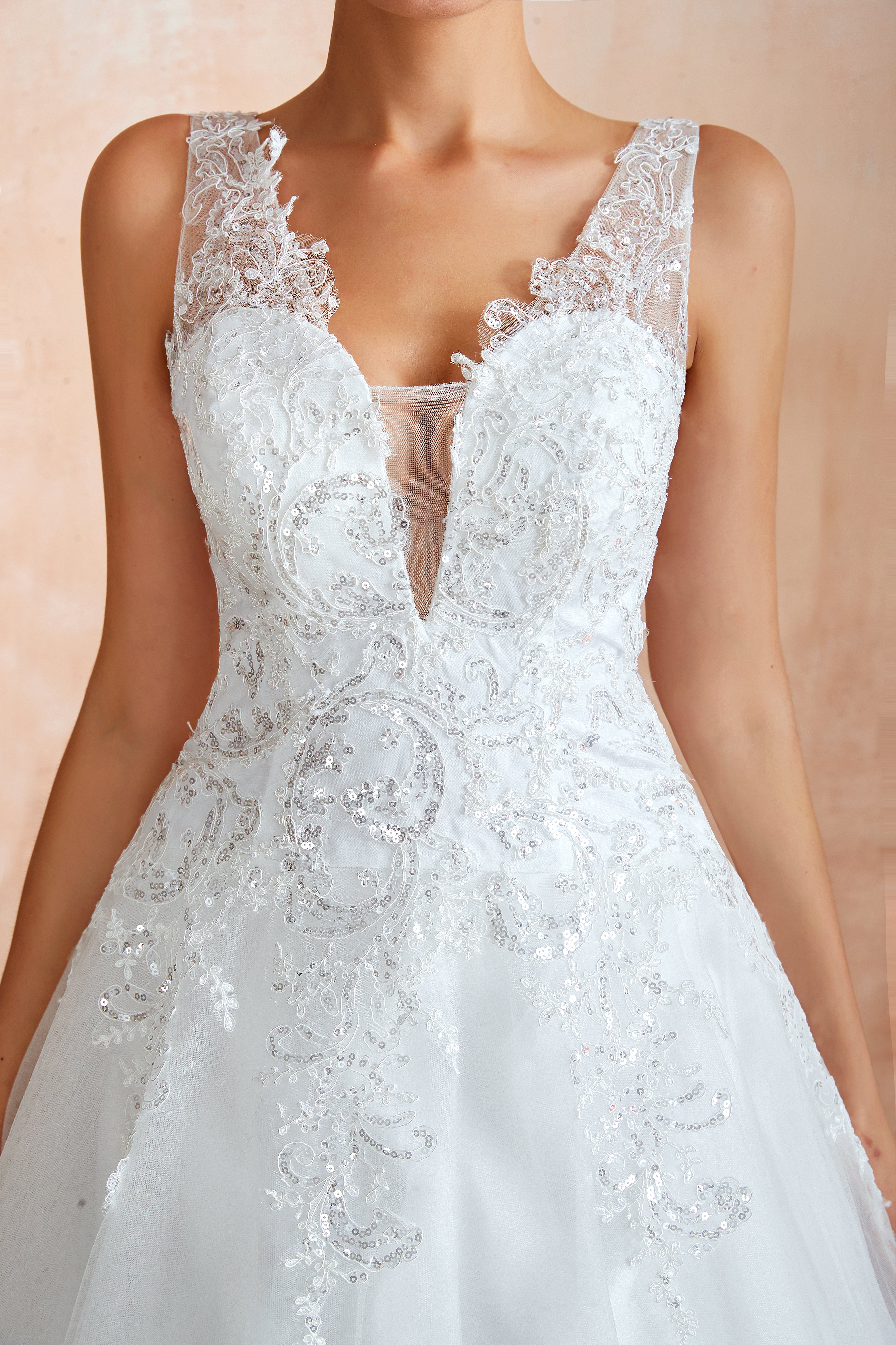 Sequin Embellishment Sheer Plunging V-neck Wedding Gowns with Train - promboutiqueonline