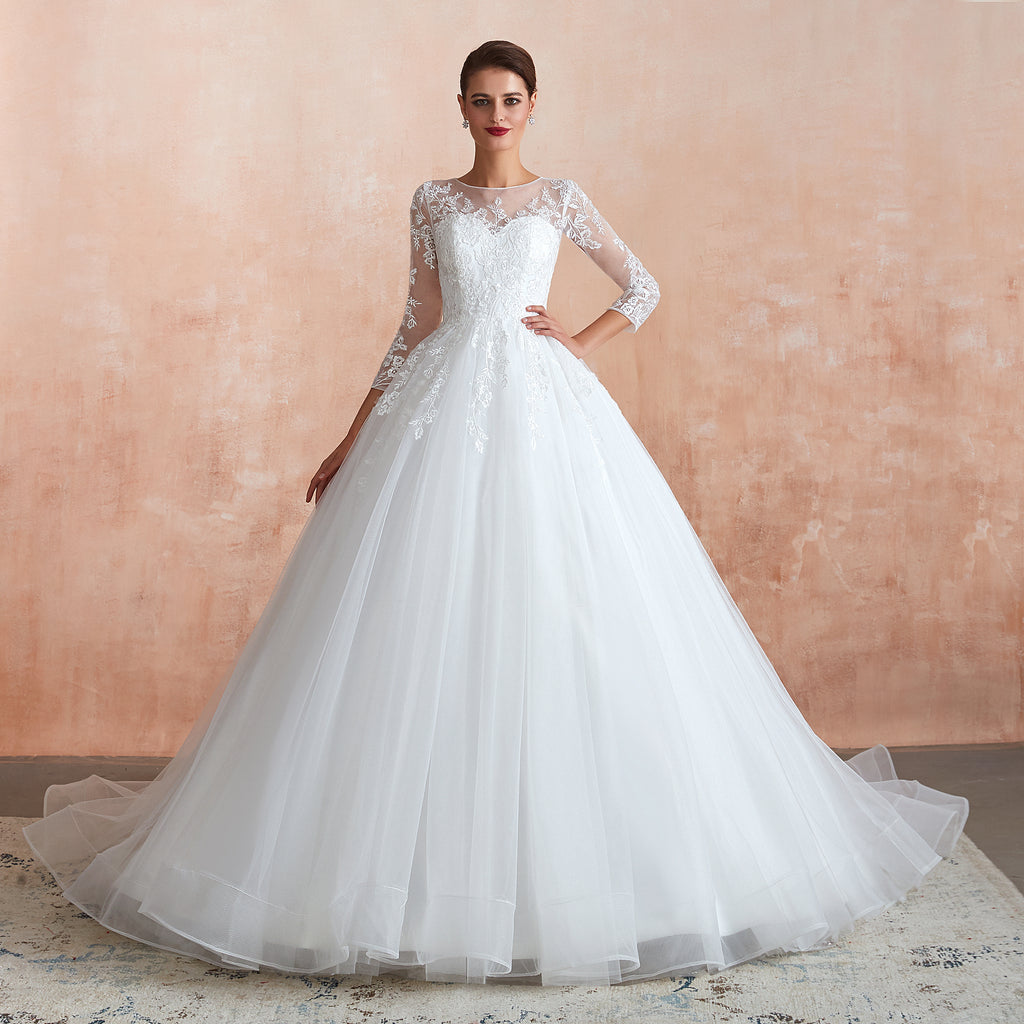 Half Sleeves White Lace Wedding Gowns with Illusion Sweetheart Neckline - promboutiqueonline