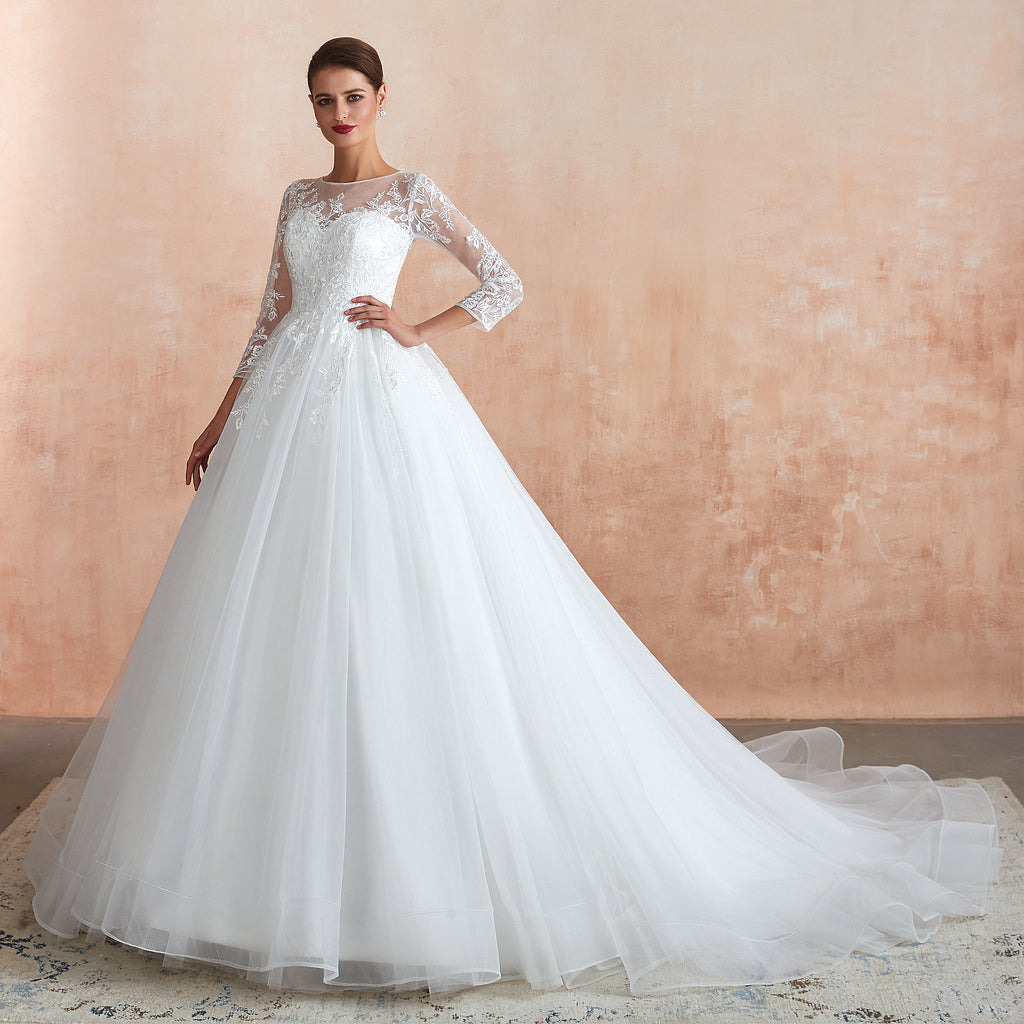 Half Sleeves White Lace Wedding Gowns with Illusion Sweetheart Neckline - promboutiqueonline