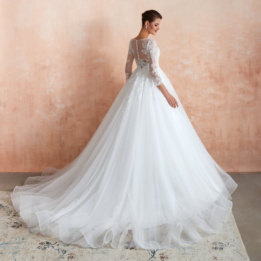 Half Sleeves White Lace Wedding Gowns with Illusion Sweetheart Neckline - promboutiqueonline