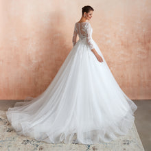 Load image into Gallery viewer, Half Sleeves White Lace Wedding Gowns with Illusion Sweetheart Neckline