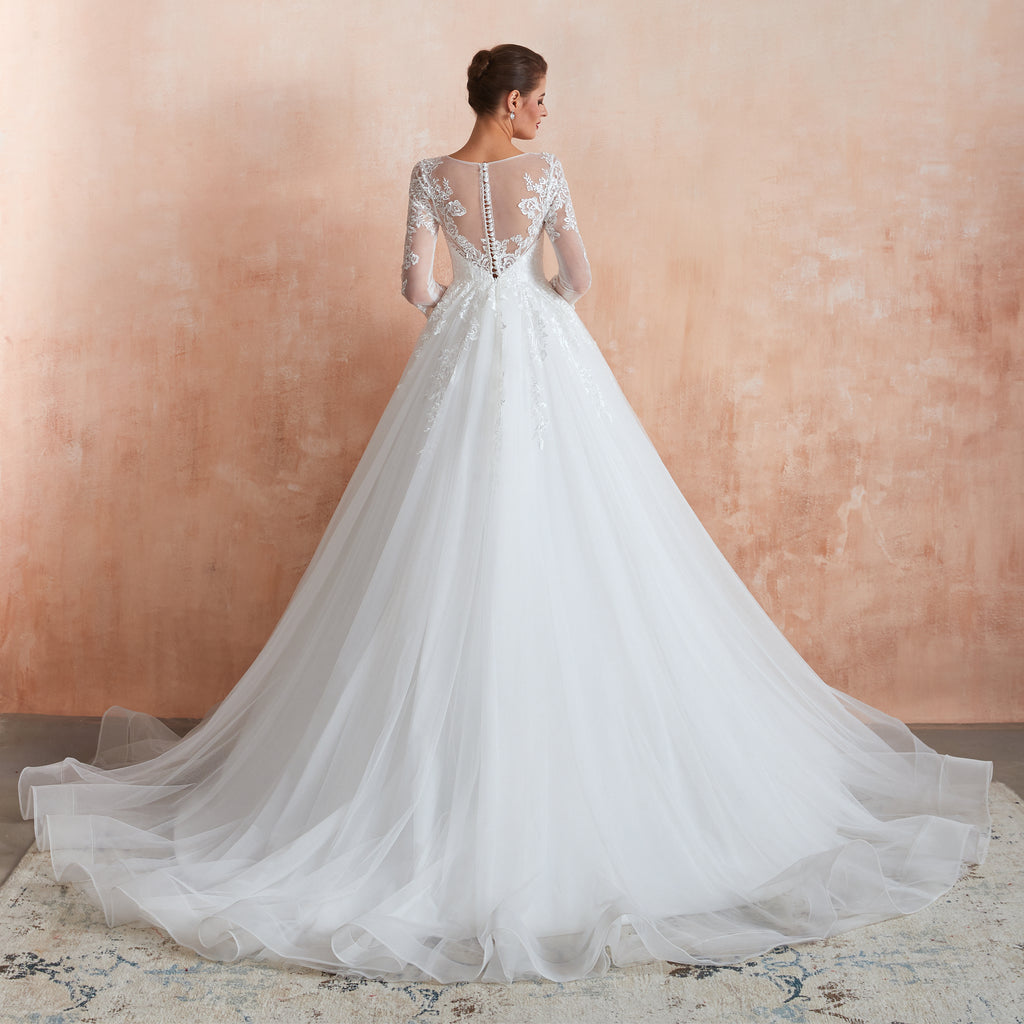 Half Sleeves White Lace Wedding Gowns with Illusion Sweetheart Neckline - promboutiqueonline