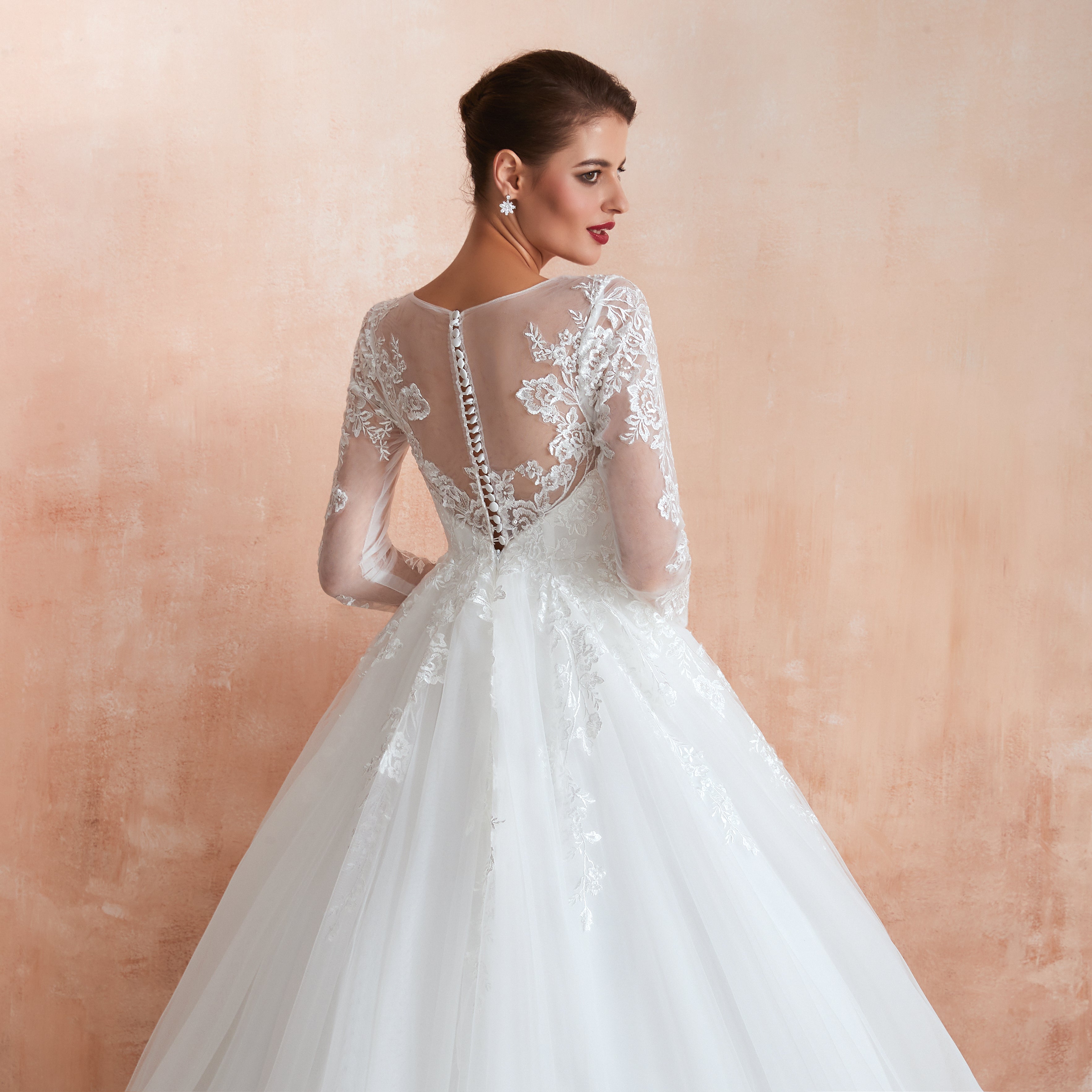 Half Sleeves White Lace Wedding Gowns with Illusion Sweetheart Neckline - promboutiqueonline