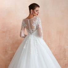 Load image into Gallery viewer, Half Sleeves White Lace Wedding Gowns with Illusion Sweetheart Neckline