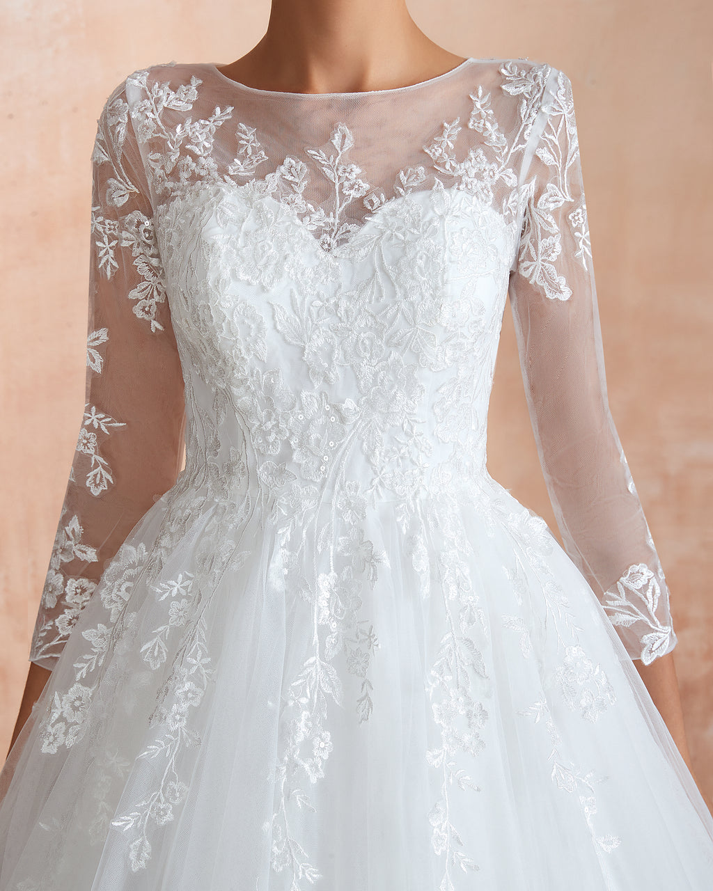 Half Sleeves White Lace Wedding Gowns with Illusion Sweetheart Neckline - promboutiqueonline