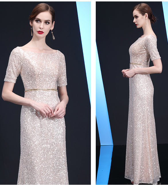 Bateau Neckline Long Fit Sequin Mother of The Bride Dresses Short Sleeves - promboutiqueonline