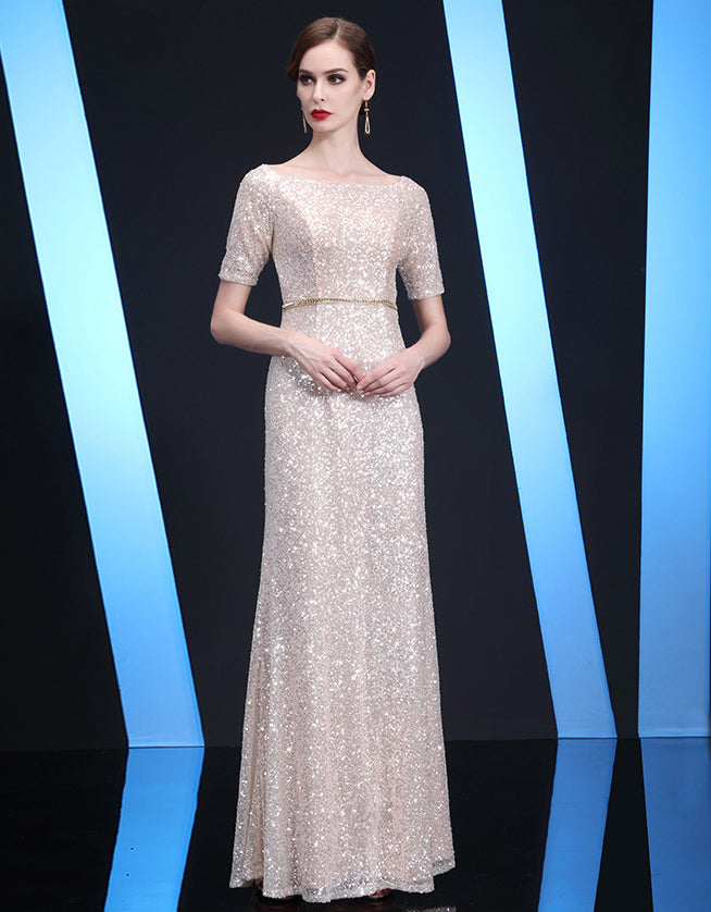 Bateau Neckline Long Fit Sequin Mother of The Bride Dresses Short Sleeves - promboutiqueonline