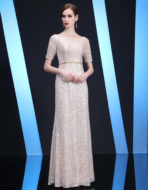 Bateau Neckline Long Fit Sequin Mother of The Bride Dresses Short Sleeves - promboutiqueonline