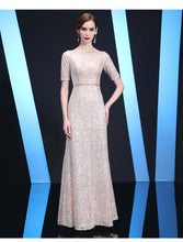 Load image into Gallery viewer, Bateau Neckline Long Fit Sequin Mother of The Bride Dresses Short Sleeves