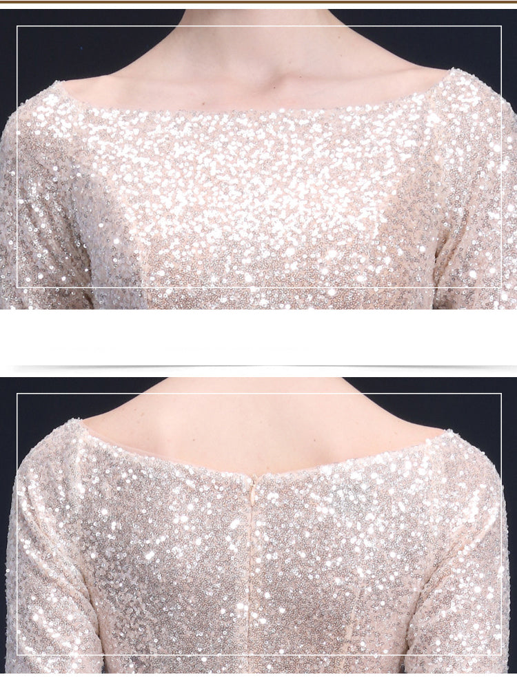 Bateau Neckline Long Fit Sequin Mother of The Bride Dresses Short Sleeves - promboutiqueonline