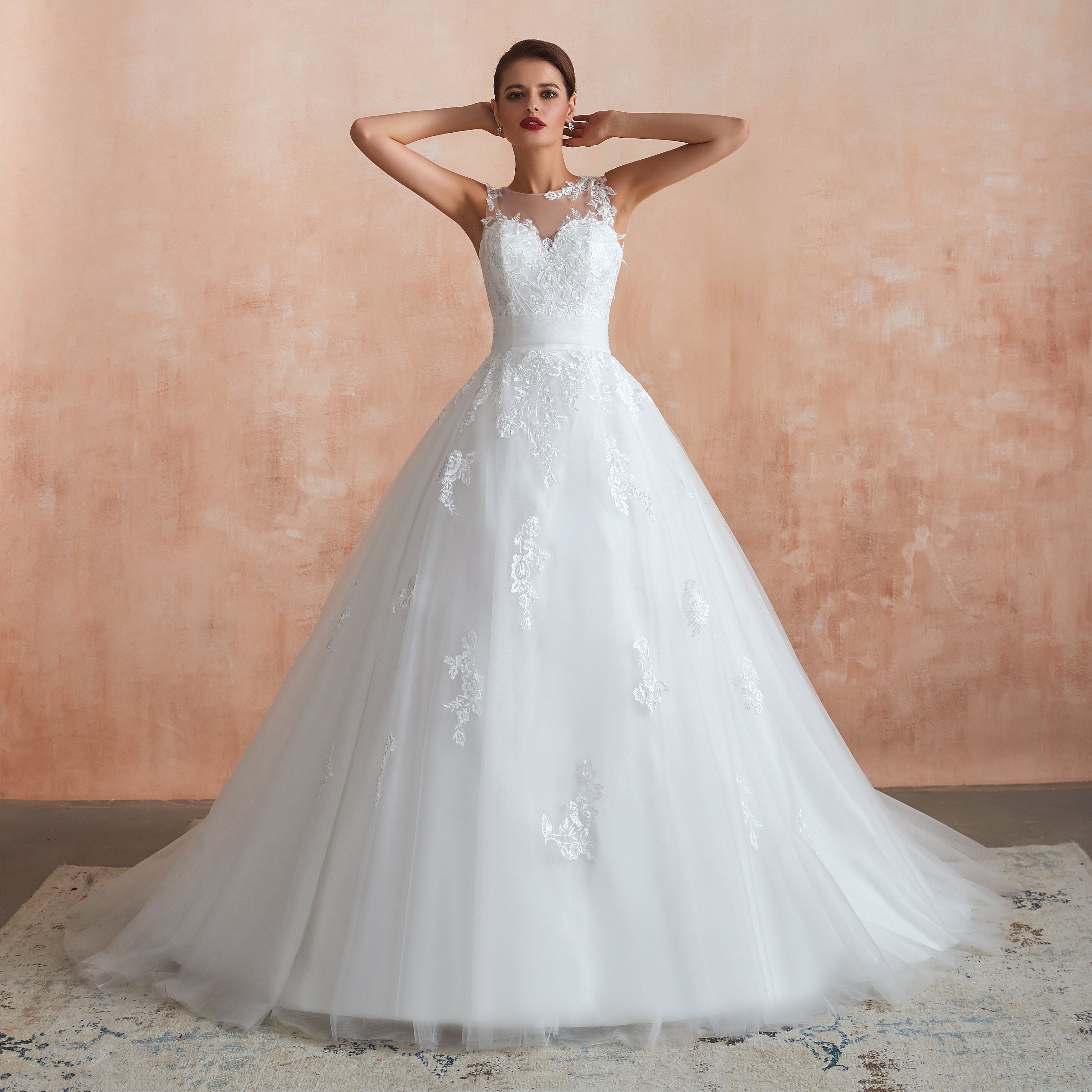Bateau Illusion Appliqued Wedding Gowns Custom Made - promboutiqueonline