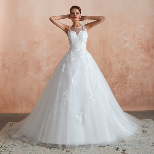 Bateau Illusion Appliqued Wedding Gowns Custom Made - promboutiqueonline