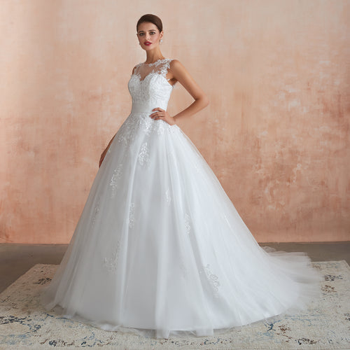 Bateau Illusion Appliqued Wedding Gowns Custom Made - promboutiqueonline