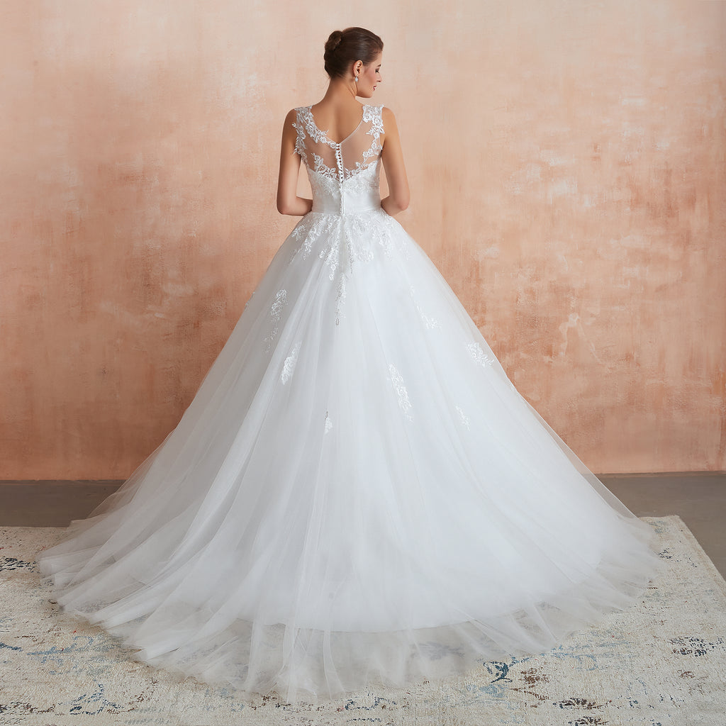 Bateau Illusion Appliqued Wedding Gowns Custom Made - promboutiqueonline