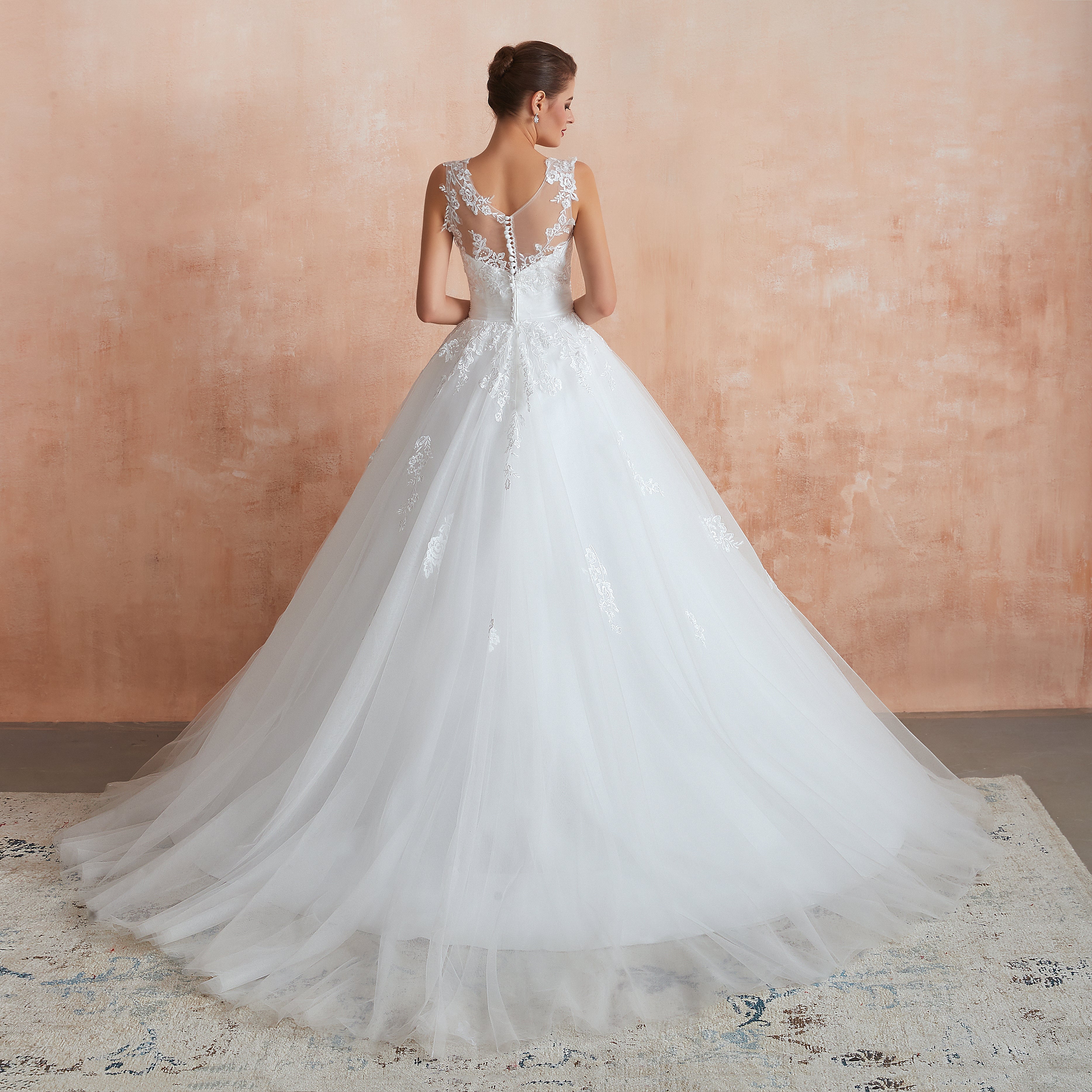 Bateau Illusion Appliqued Wedding Gowns Custom Made - promboutiqueonline