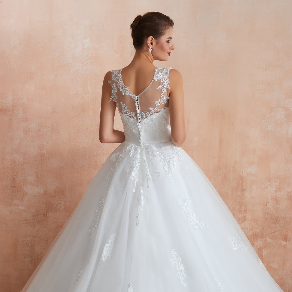 Bateau Illusion Appliqued Wedding Gowns Custom Made - promboutiqueonline