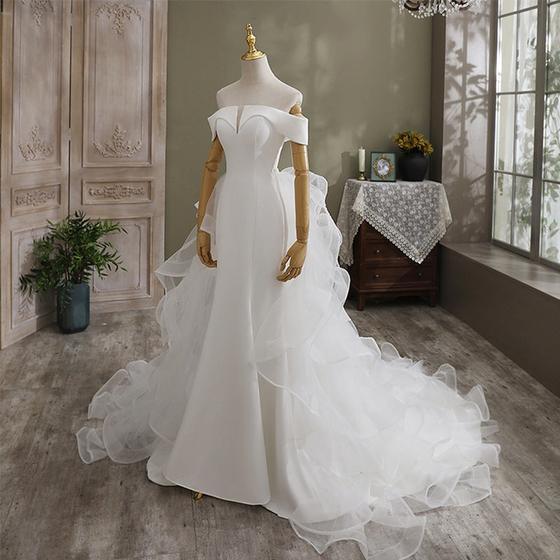 Off The Shoulder Mermaid Wedding Dresses with Layered Train - promboutiqueonline
