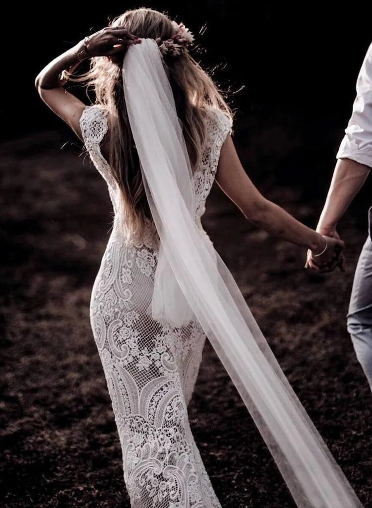 V-neck Swirl Lace Cap Sleeves Wedding Dresses with Sweep Train - promboutiqueonline