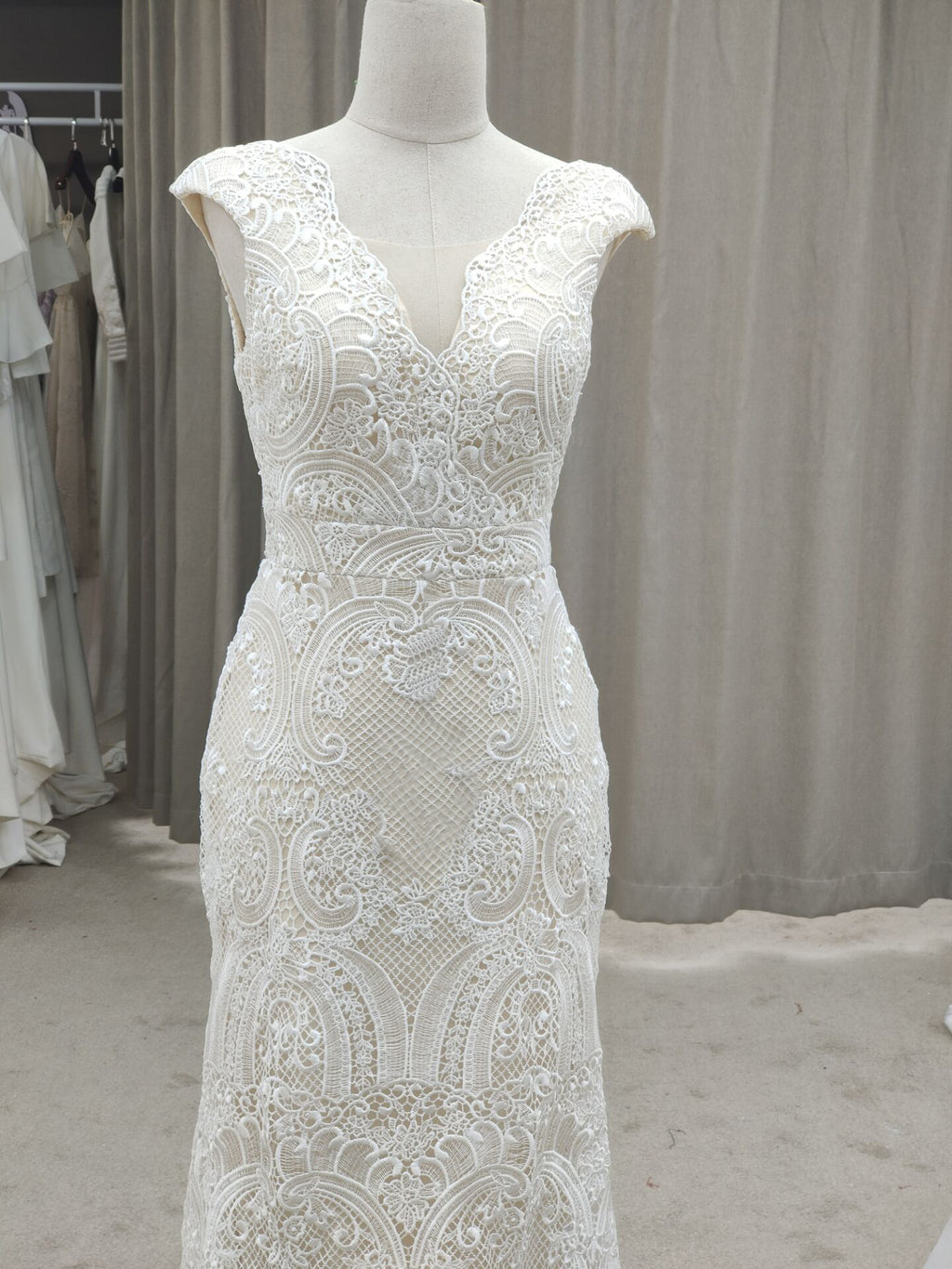 V-neck Swirl Lace Cap Sleeves Wedding Dresses with Sweep Train - promboutiqueonline