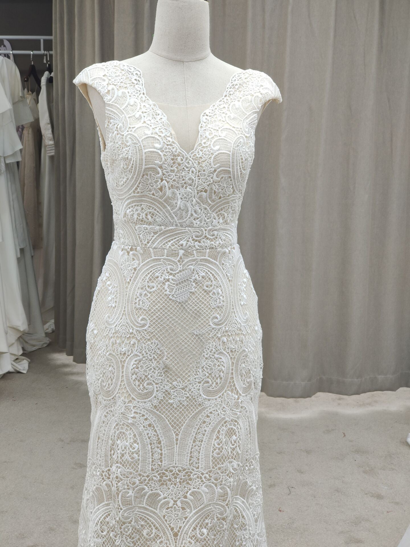 V-neck Swirl Lace Cap Sleeves Wedding Dresses with Sweep Train - promboutiqueonline