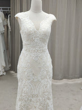 Load image into Gallery viewer, V-neck Swirl Lace Cap Sleeves Wedding Dresses with Sweep Train