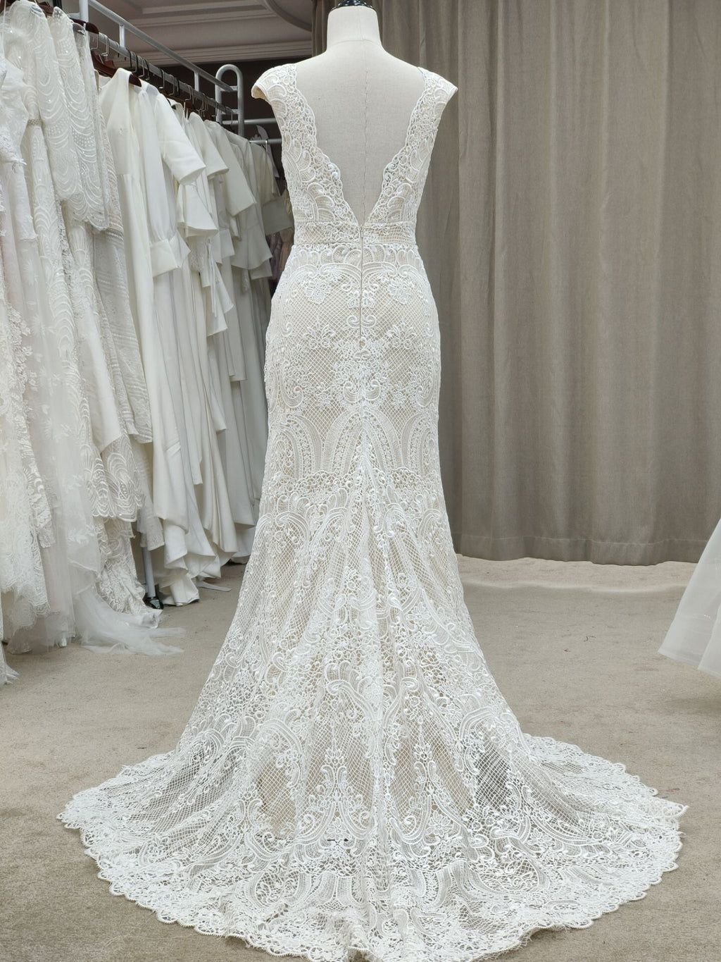 V-neck Swirl Lace Cap Sleeves Wedding Dresses with Sweep Train - promboutiqueonline