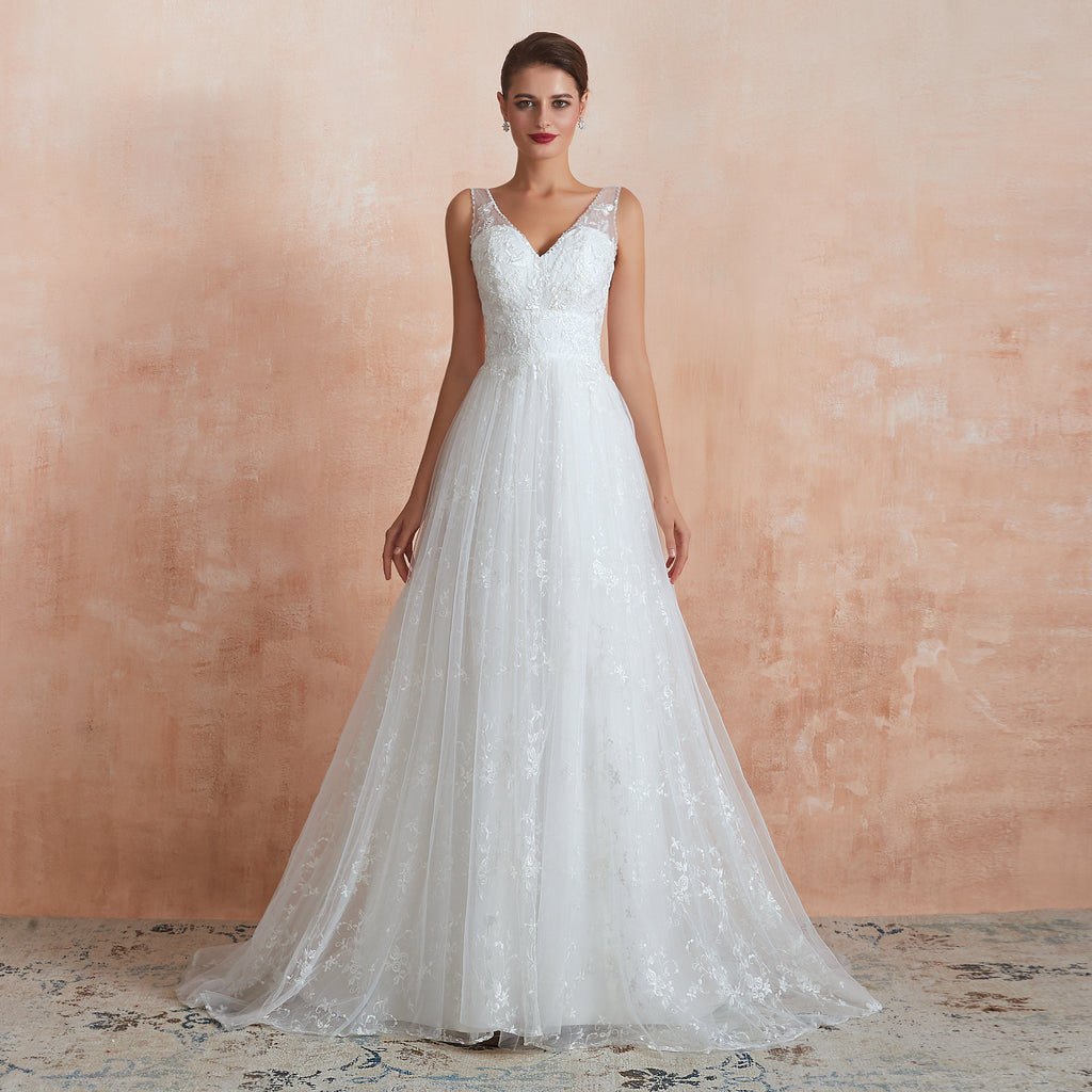 Floral Lace V-neck Traditional Wedding Gowns with Sheer Straps - promboutiqueonline