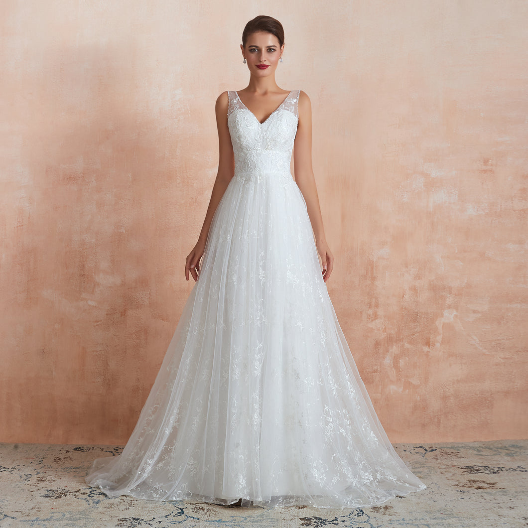Floral Lace V-neck Traditional Wedding Gowns with Sheer Straps