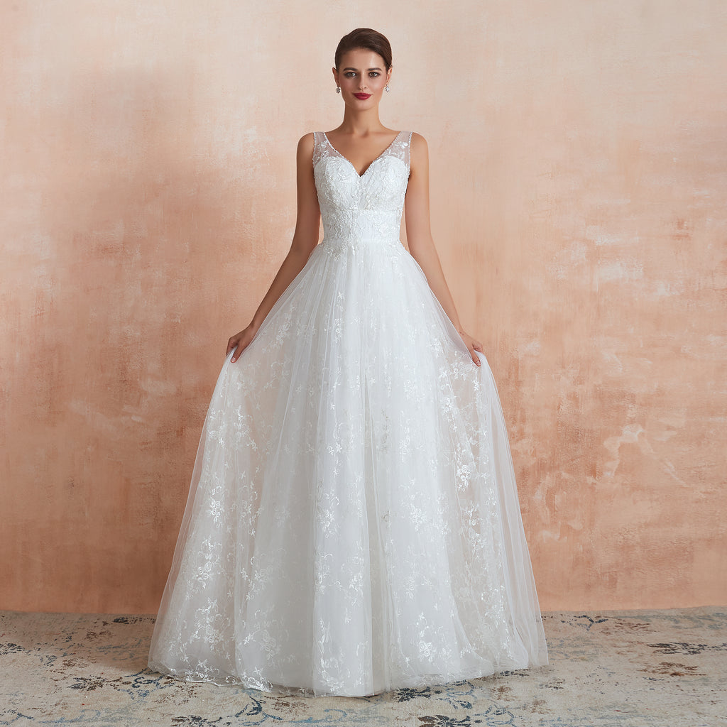 Floral Lace V-neck Traditional Wedding Gowns with Sheer Straps - promboutiqueonline