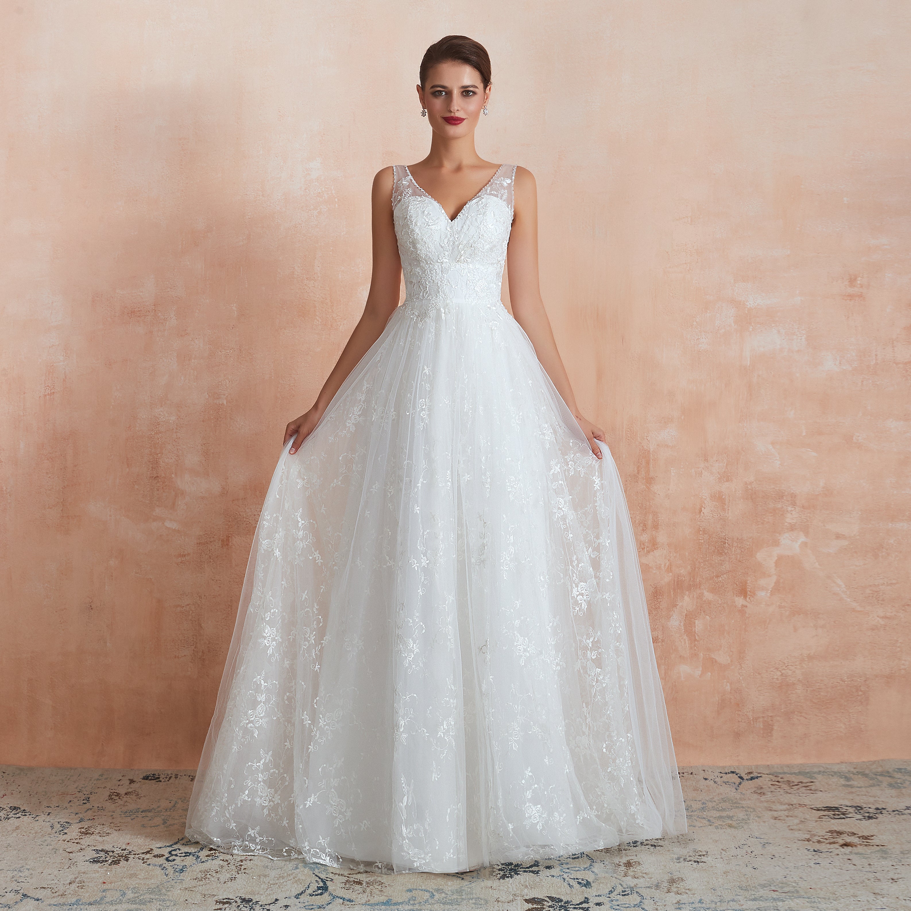 Floral Lace V-neck Traditional Wedding Gowns with Sheer Straps - promboutiqueonline