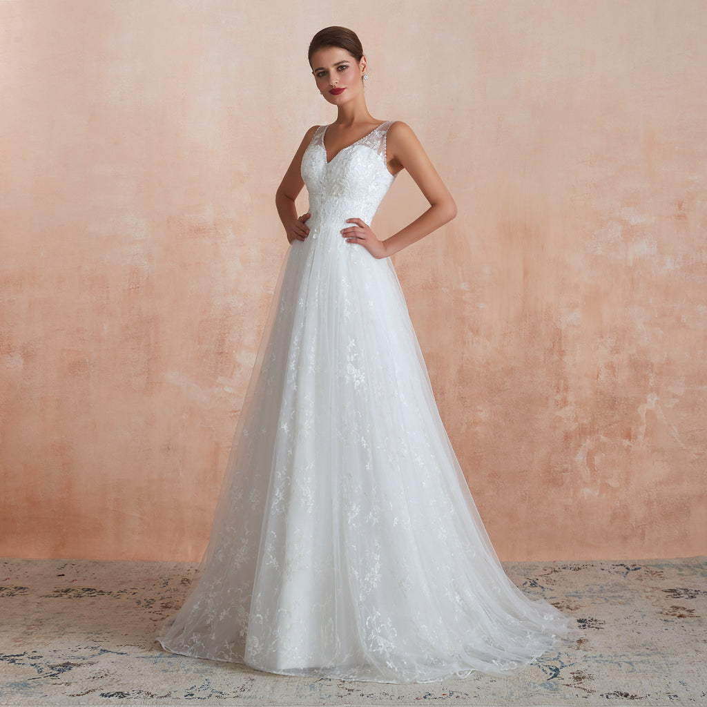 Floral Lace V-neck Traditional Wedding Gowns with Sheer Straps - promboutiqueonline