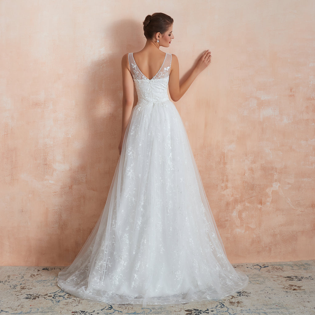 Floral Lace V-neck Traditional Wedding Gowns with Sheer Straps - promboutiqueonline