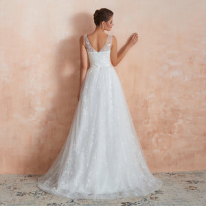 Floral Lace V-neck Traditional Wedding Gowns with Sheer Straps