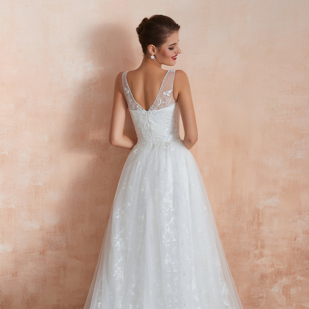 Floral Lace V-neck Traditional Wedding Gowns with Sheer Straps - promboutiqueonline