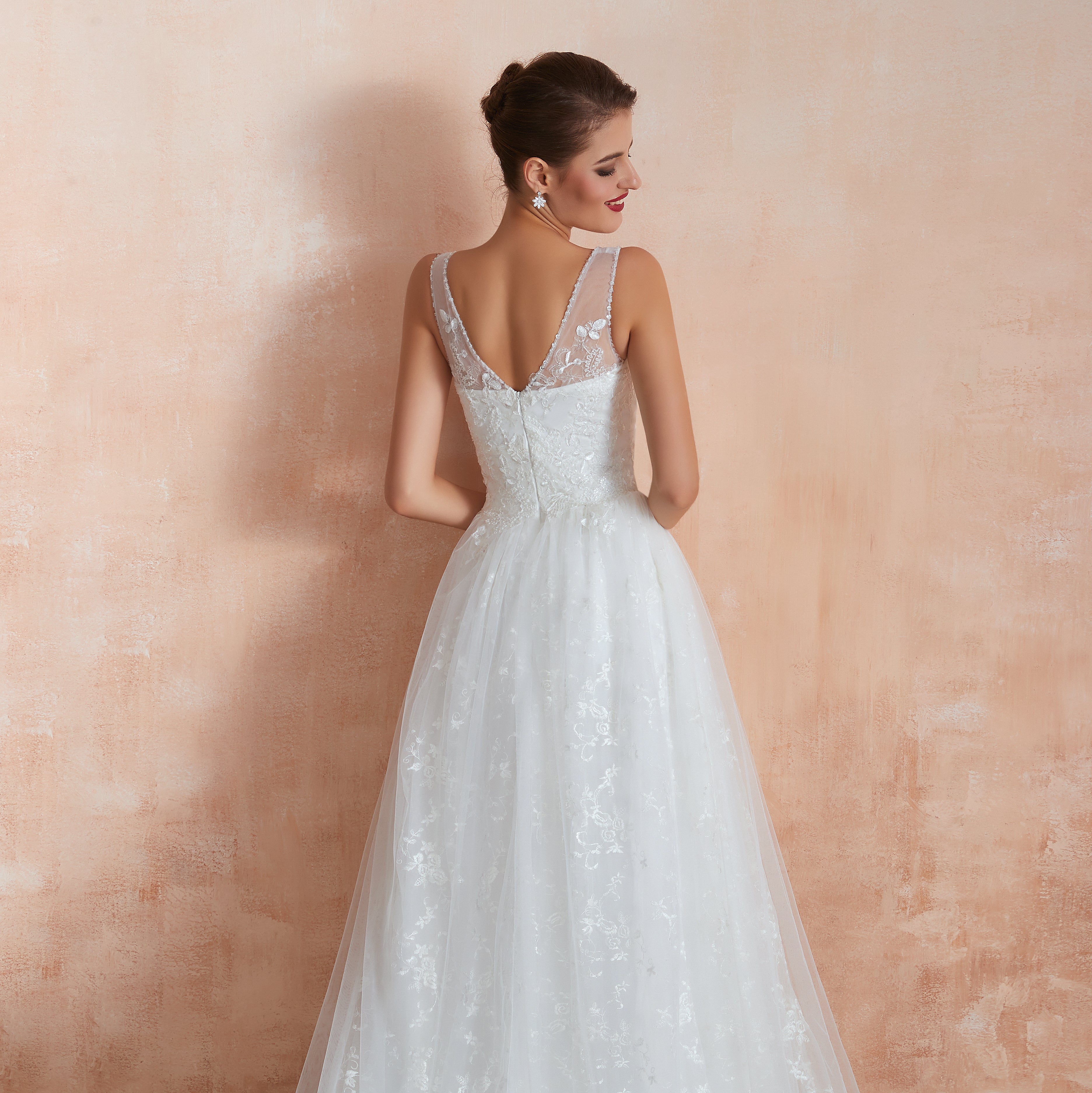 Floral Lace V-neck Traditional Wedding Gowns with Sheer Straps - promboutiqueonline