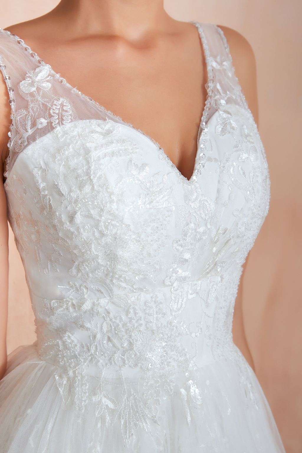 Floral Lace V-neck Traditional Wedding Gowns with Sheer Straps - promboutiqueonline