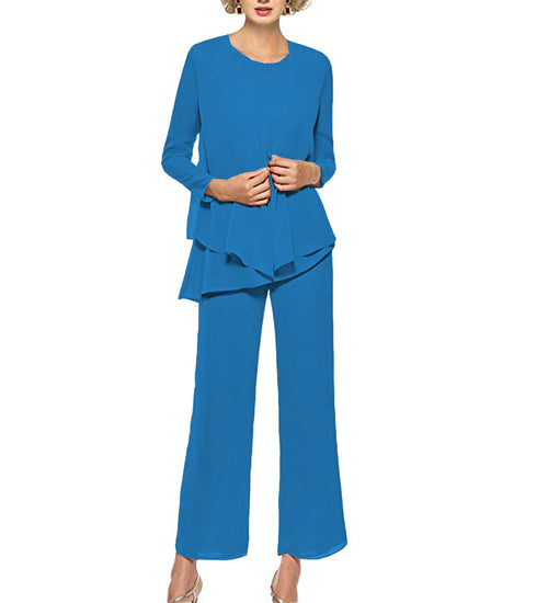 Formal 3 Pieces Chiffon Mother of the Bride Outfits Long Sleeves Dressy Pantsuits for Wedding - promboutiqueonline