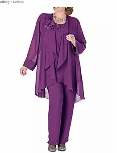 Purple Flower Mother of the Bride Dresses with Jacket 3 Pieces Chiffon Dressy Pant Suits Wedding Outfit