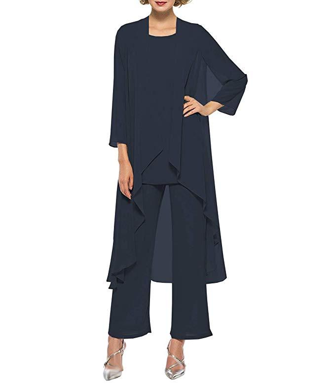Chiffon 3 Pieces Mother of the Bride Dressy outfits Pantsuits Trouser Suits Wedding Guest Wear - promboutiqueonline