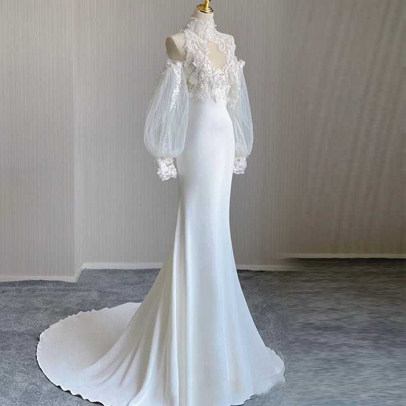 High Collar Applique Lace Satin Mermaid Wedding Dresses with Detachable Sleeves - promboutiqueonline