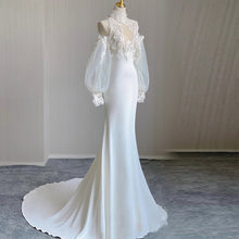 Load image into Gallery viewer, High Collar Applique Lace Satin Mermaid Wedding Dresses with Detachable Sleeves