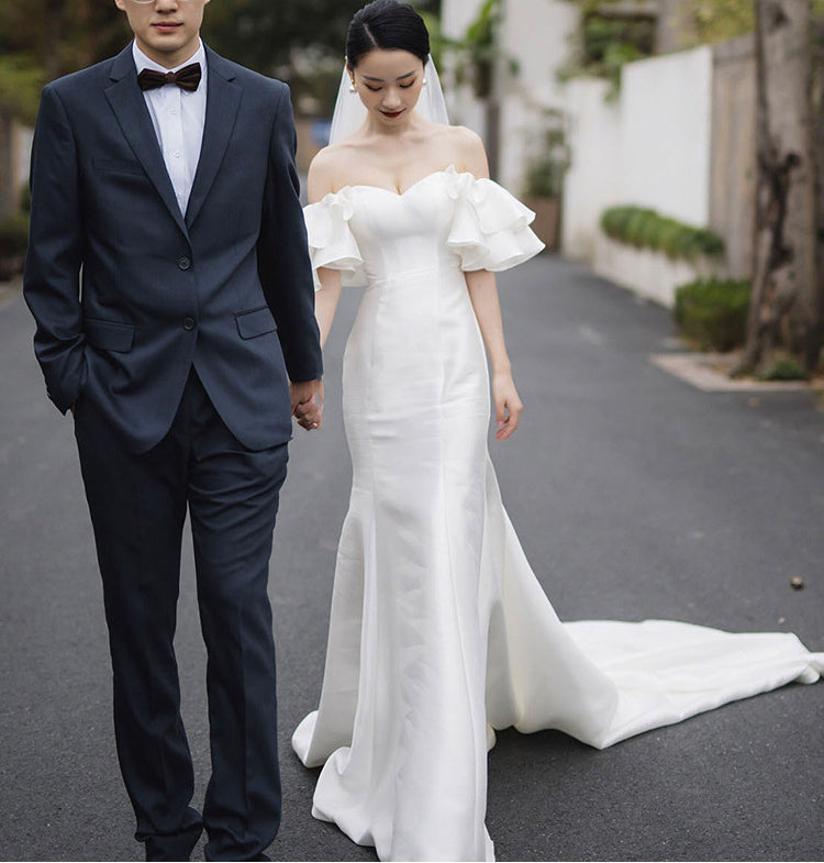 Off Shoulder Mermaid Wedding Dresses with Layered Puff Sleeves - promboutiqueonline